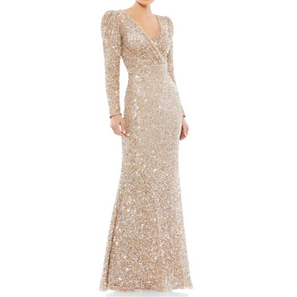 Mac Duggal Shimmering Gold Sequined Puff Shoulder Surplice Evening Gown -Reemoly